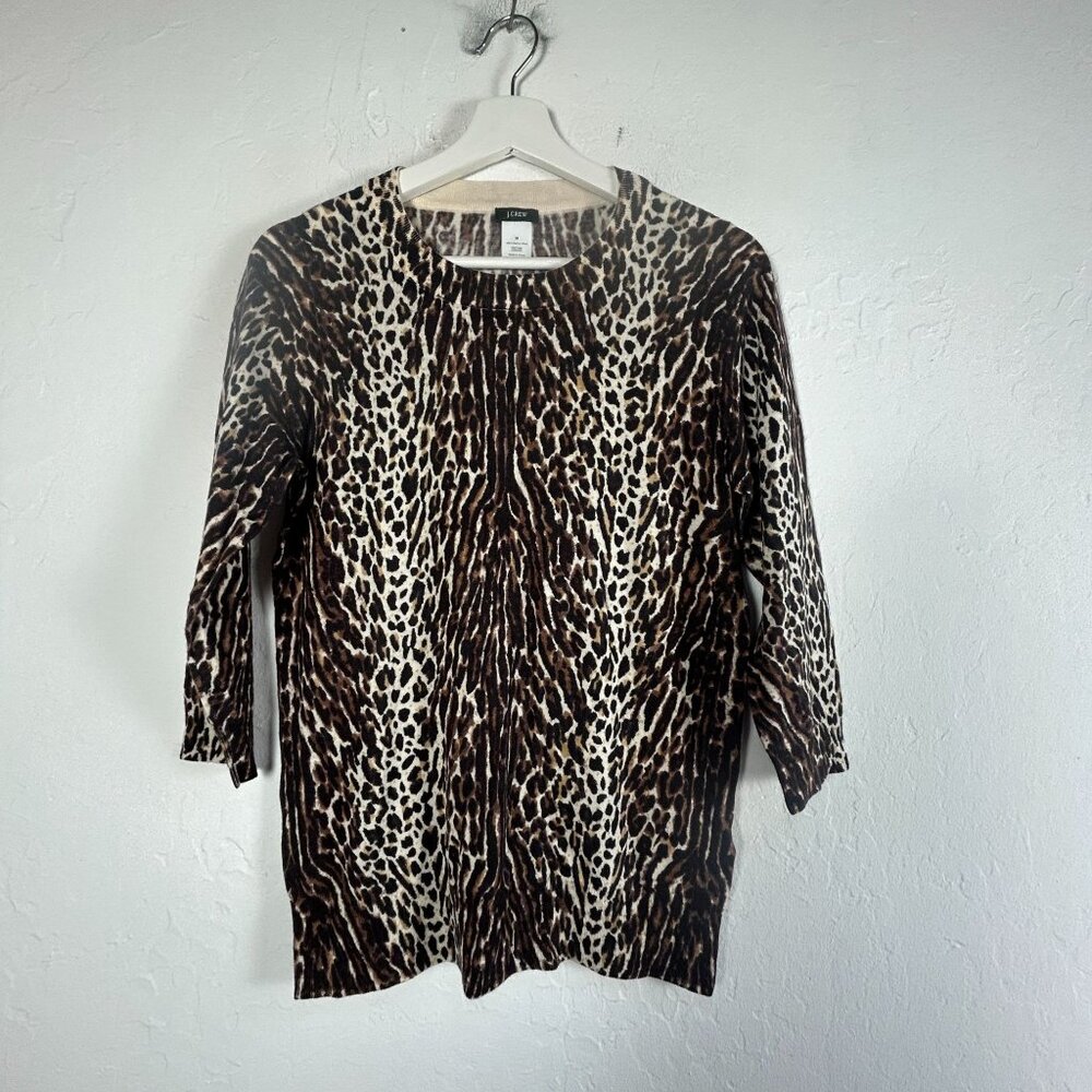 J. Crew Womens Merino Wool Animal Print Knit Pullover Sweater Medium Brown Cream